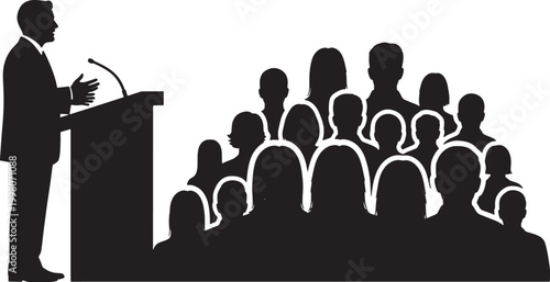 Silhouette illustration of a public speaker addressing an audience from a podium, representing communication and leadership concepts.