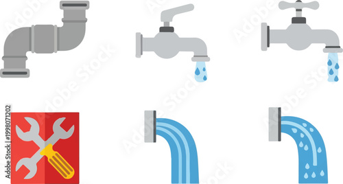 Plumbing icons set with water faucets and pipes, professional repair tools illustration, flat vector collection for home maintenance services
