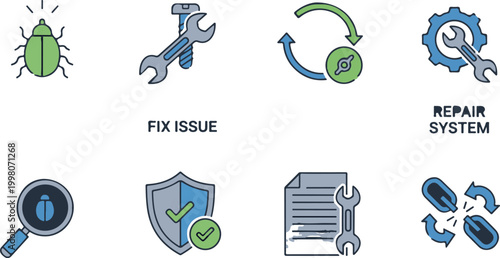 Software bug fix and repair system icons, technical support and maintenance vector set, computer security and troubleshooting flat line symbols
