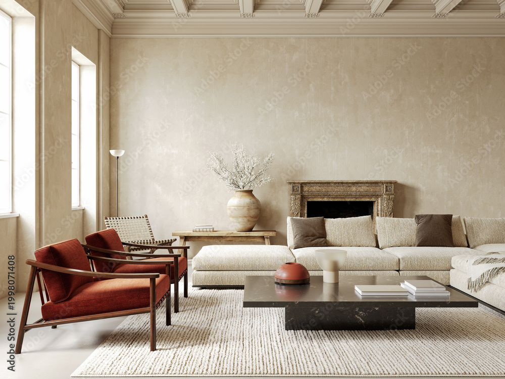Fototapeta premium Beige loft, classic room interior with sofa, fireplace, orange armchairs, vase and decor. 3d render illustration mockup.