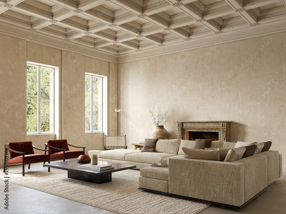Naklejka premium Beige loft, classic room interior with sofa, fireplace, armchairs, vase and decor. 3d render illustration mockup.
