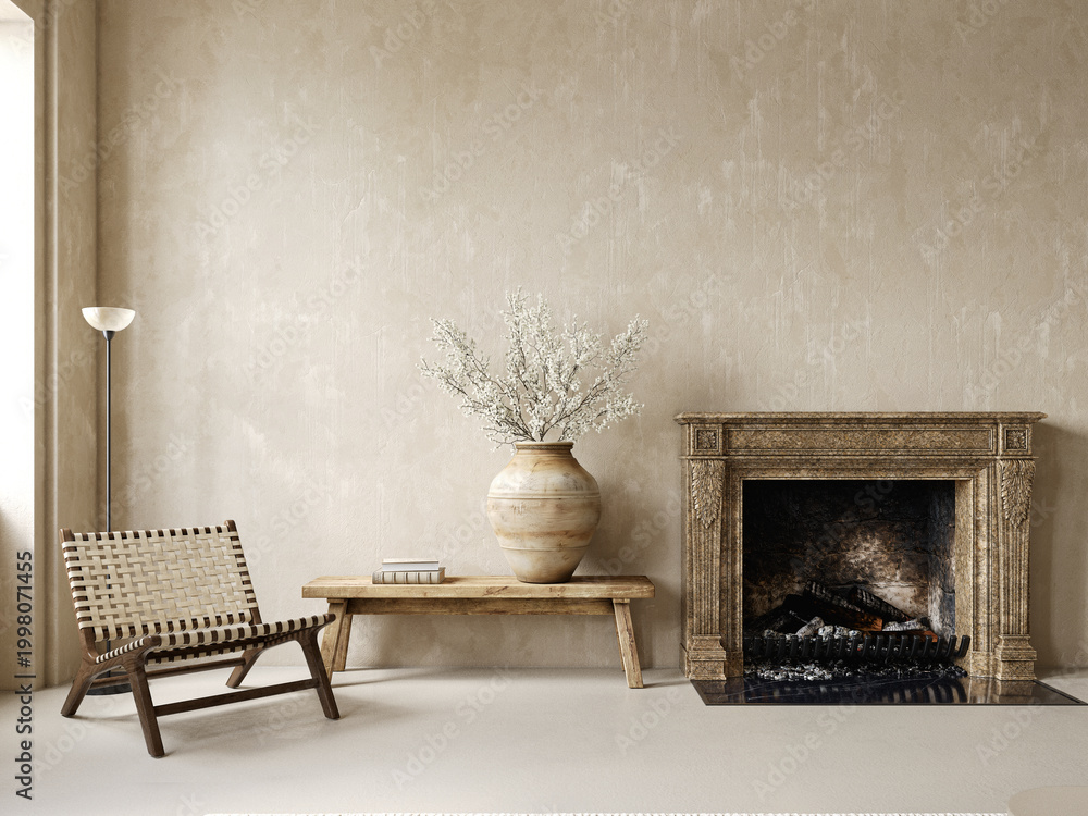 Fototapeta premium Beige loft, classic room interior with armchair, fireplace, vase and decor. 3d render illustration mockup.