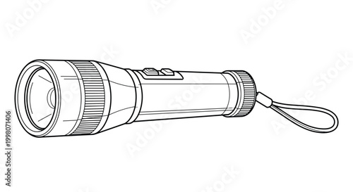 Handheld electric flashlight with a wrist strap shown in a black and white line art illustration for safety and camping themes.