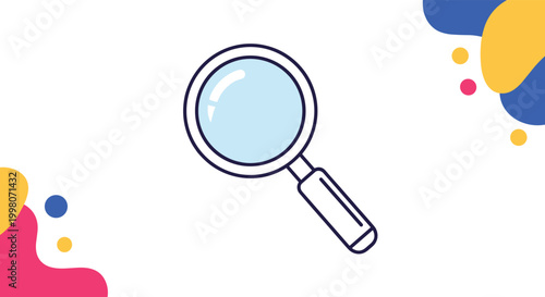 Colorful magnifying glass icon with blue glass and a dark handle surrounded by abstract shapes for search and discovery concepts.