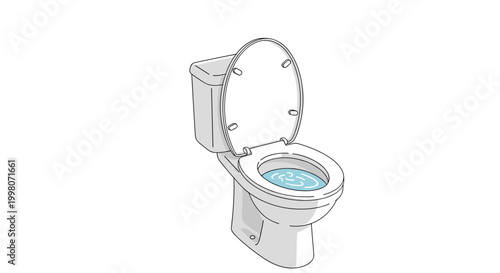 Modern white ceramic toilet with the lid open and water inside shown in a clean vector illustration for plumbing themes.