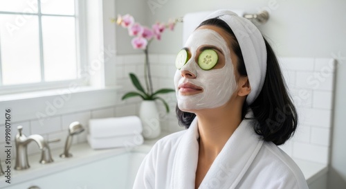 mothers day spa facial treatment with cucumber mask and towel for luxury skincare celebration in bathroom