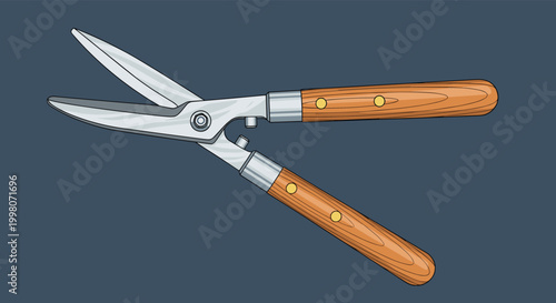 Detailed illustration of garden pruning shears with wooden handles and sharp metal blades against a dark blue background.