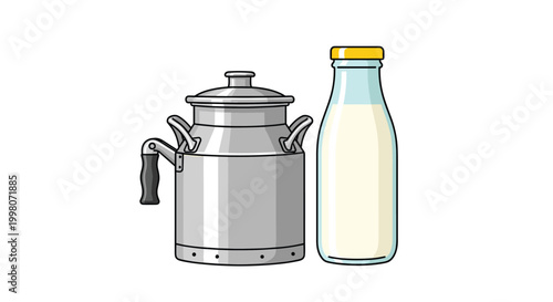 Traditional metal milk can next to a modern glass bottle filled with fresh milk shown in a clean vector illustration.
