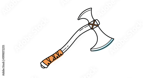 Stylized double headed battle axe illustration featuring a curved wooden handle with a leather wrapped grip for fantasy design.