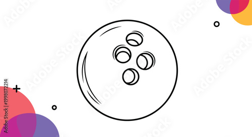 Simple line drawing of a bowling ball with four holes surrounded by colorful abstract geometric shapes on a white background.
