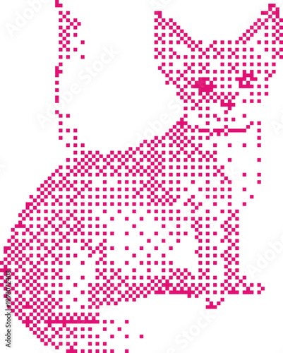 Pixelated Pink Cat Sitting with Tail Up Against White Background Minimalist Graphic