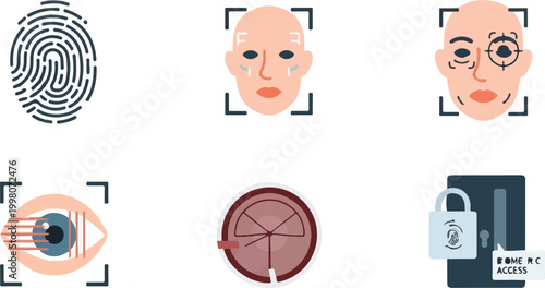 Biometric security icon set, facial recognition and fingerprint scanning technology, iris eye scan and digital identity verification vector collection