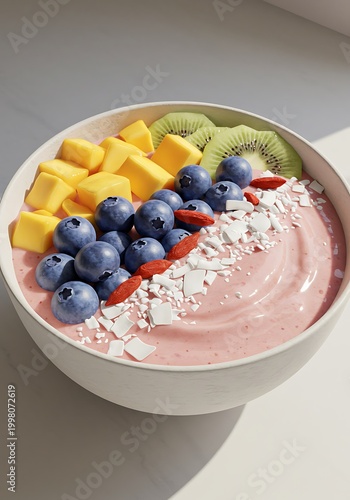 Delicious smoothie bowl with fresh fruits and coconut flakes on a white surface