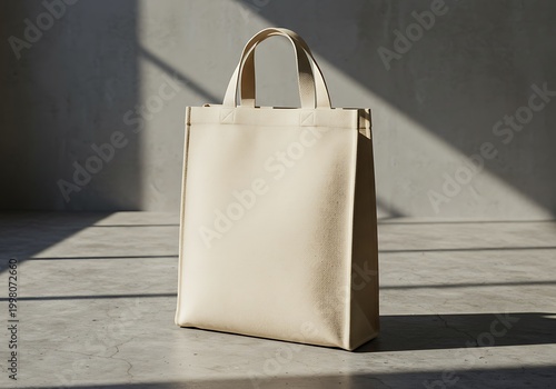 Neutral tote bag on concrete surface with harsh sunlight and shadow play
