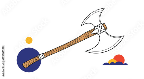 Double headed battle axe illustration featuring a wooden handle and sharp blades against a modern abstract sun and hill backdrop design.