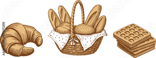 Bakery bread croissant basket and waffles, vintage engraved food items for breakfast and cafe menu concepts