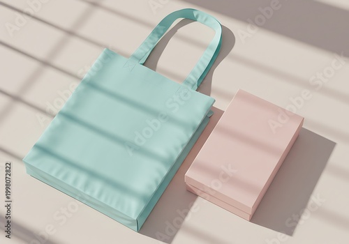 Tote bag and notepad set presentation against soft sunlight background