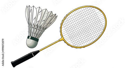 Professional badminton racket and a feathered shuttlecock shown in a dynamic sports illustration for training and athletic competition.