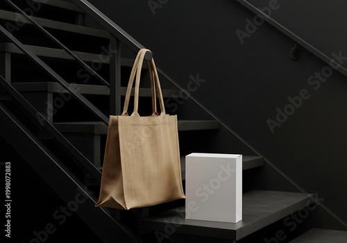 Tote bag and white box on black stairs minimalist still life with copy space