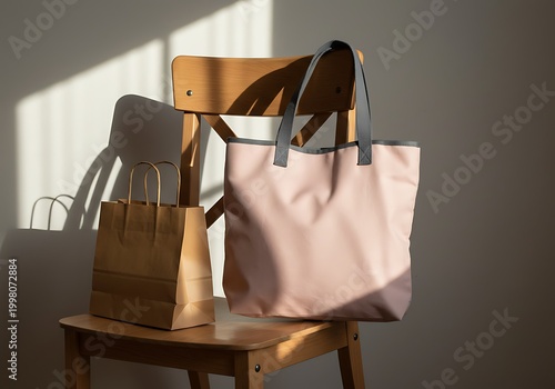 Tote bag and paper shopping bag on wooden chair with shadow and sunlight