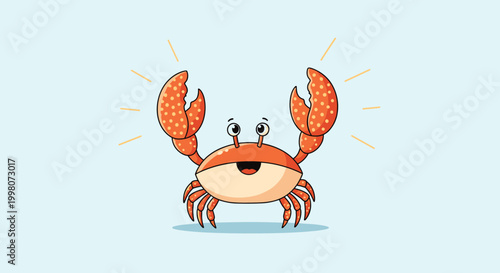 Cheerful orange crab character with large spotted claws and a wide happy smile shown on a soft light blue background in a playful cartoon style.
