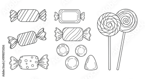 Large collection of assorted hard candies, wrapped chocolates, and swirling lollipops hand drawn in a whimsical and decorative line art style.