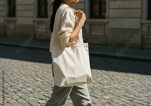 Woman walking with a blank tote bag on a cobblestone street in daylight