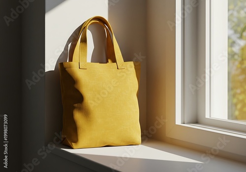 Yellow tote bag on a windowsill illuminated by sunlight