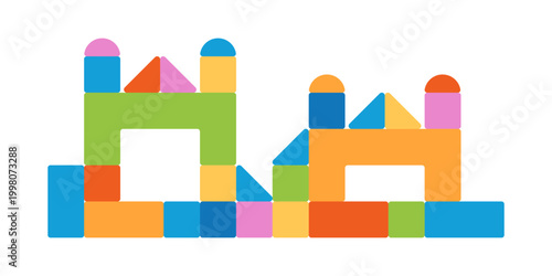 Toy wooden building blocks in flat style. Bricks jigsaw vector illustration on isolated background. Children educational game sign business concept.