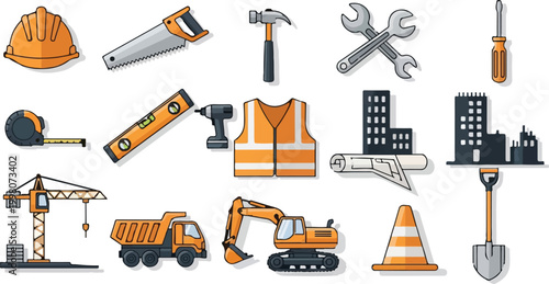 Construction tools and heavy machinery icon set, industrial building equipment vector collection, orange safety gear and engineering symbols