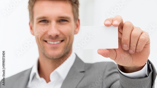 Business professional showcasing blank card in modern office space close-up view corporate presentation concept