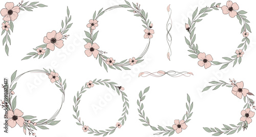 Floral Wreaths and Decorative Leaf Circles with Soft Pink Flowers for Wedding, Event, and Greeting Card Designs