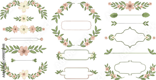 Floral Frames and Decorative Borders with Soft Pink Flowers and Green Leaves for Wedding, Greeting Cards, and Invitations