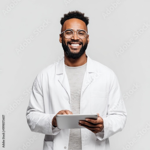 Healthcare professional smiling with tablet in modern clinic portrait photography bright environment