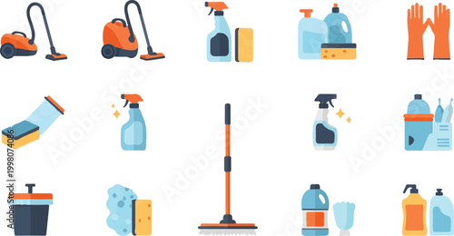 Cleaning service equipment icons, professional housekeeping supplies set with vacuum and mop, 15 flat vector household sanitation elements