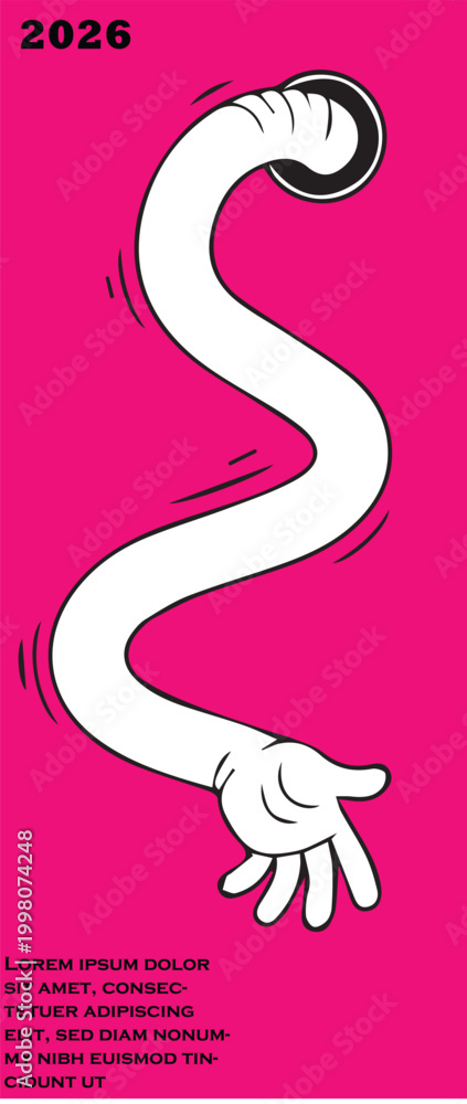 Fototapeta premium Cartoon hand reaching out from a hole on a bright pink background