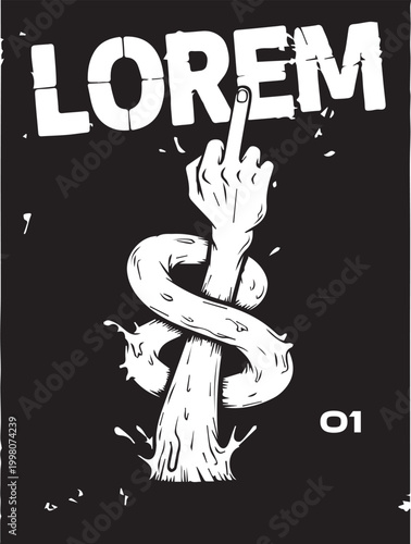 Hand gesture middle finger forming a dollar sign symbol, punk rock style illustration