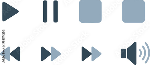 Minimalist media player icons set, flat vector playback control buttons, dark blue and grey video interface elements for streaming apps