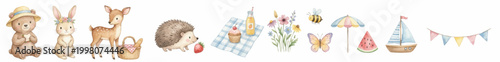 Cute watercolor nursery set, baby animals, picnic and summer elements, pastel design. Collection of Vector illustrations for invitation, card, poster, banner, decoration
