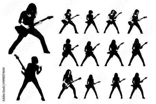 Woman Rock Guitarist Vector Silhouette Set Female Musician Collection