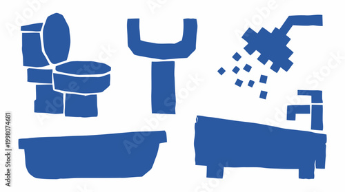 Modern bathroom fixtures collection in blue silhouette style including toilet bathtub sink and shower head with water drops for interior design concepts