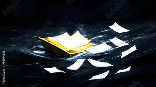 A surreal digital painting of a giant golden shovel clearing a chaotic pile of floating tasks represented