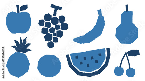 Collection of stylized blue fruit illustrations including apple banana pear grapes pineapple watermelon cherries and orange on white background