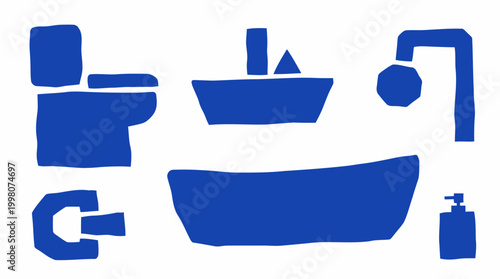 Blue Bathroom Icons Collection Isolated on White Background Simple Flat Design Elements for Web and Print