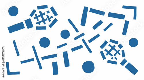 Abstract blue geometric shapes and circles scattered on a white background creating a playful and modern design pattern