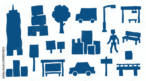 Collection of simple blue city icons and symbols representing urban elements like buildings trees cars and street furniture for graphic design and illustration