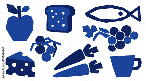 Collection of blue food and drink items including an apple, toast, fish, grapes, carrots, cheese, and a cup, presented in a simple graphic style.