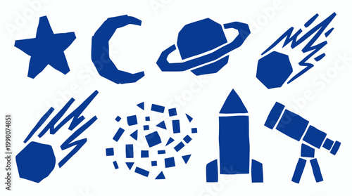 Blue space elements including a star, crescent moon, Saturn, comets, rocket, and telescope on a white background, perfect for children's educational content and cosmic themes.