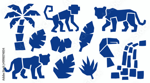 Abstract geometric jungle animals and plants in vibrant blue on a white background, representing wildlife and nature in a modern artistic style