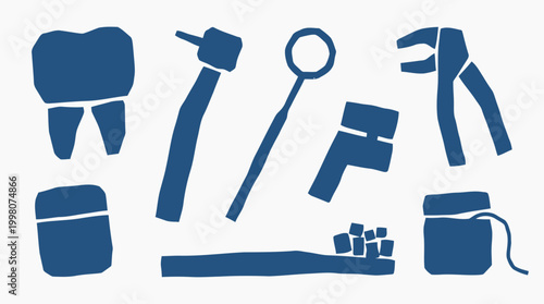 Dental care illustration featuring tooth, toothbrush, dental floss, and dentist tools for oral hygiene and healthy smile concept